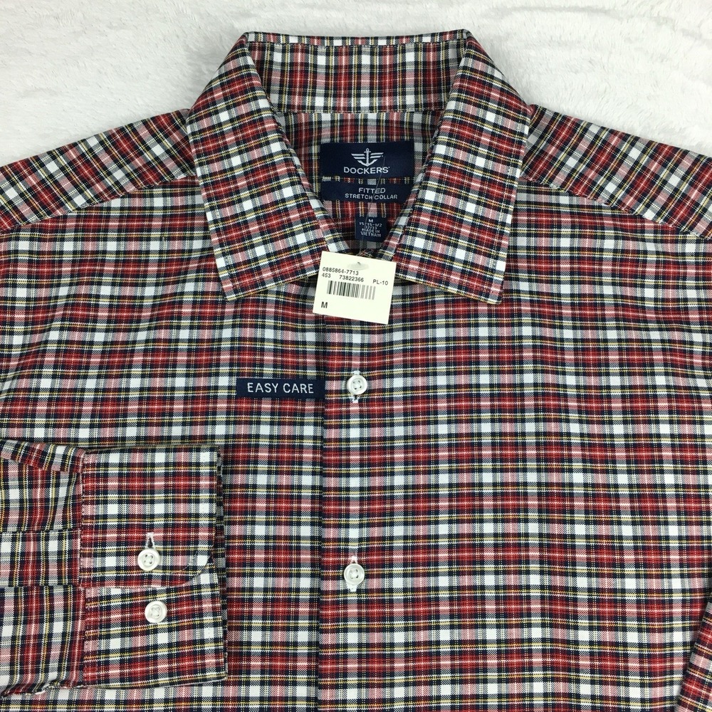 DOCKERS Shirt‎ Mens Medium Red/Black Plaid Easy Care Stretch Collar NWT!